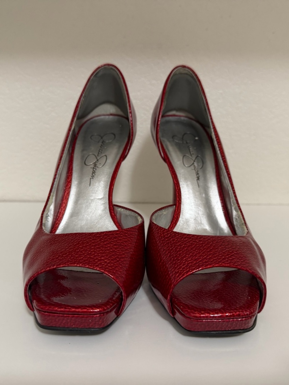 Jessica Simpson Metallic Red Peep-Toe Stiletto Heels - Picture 2 of 8